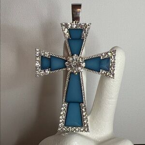 Dark Blue Inlay with Rhinestone Crystals Silver Cross Pendant Vintage Estate
